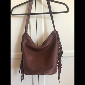 UGG Brown Leather Fringe Bucket Bag.